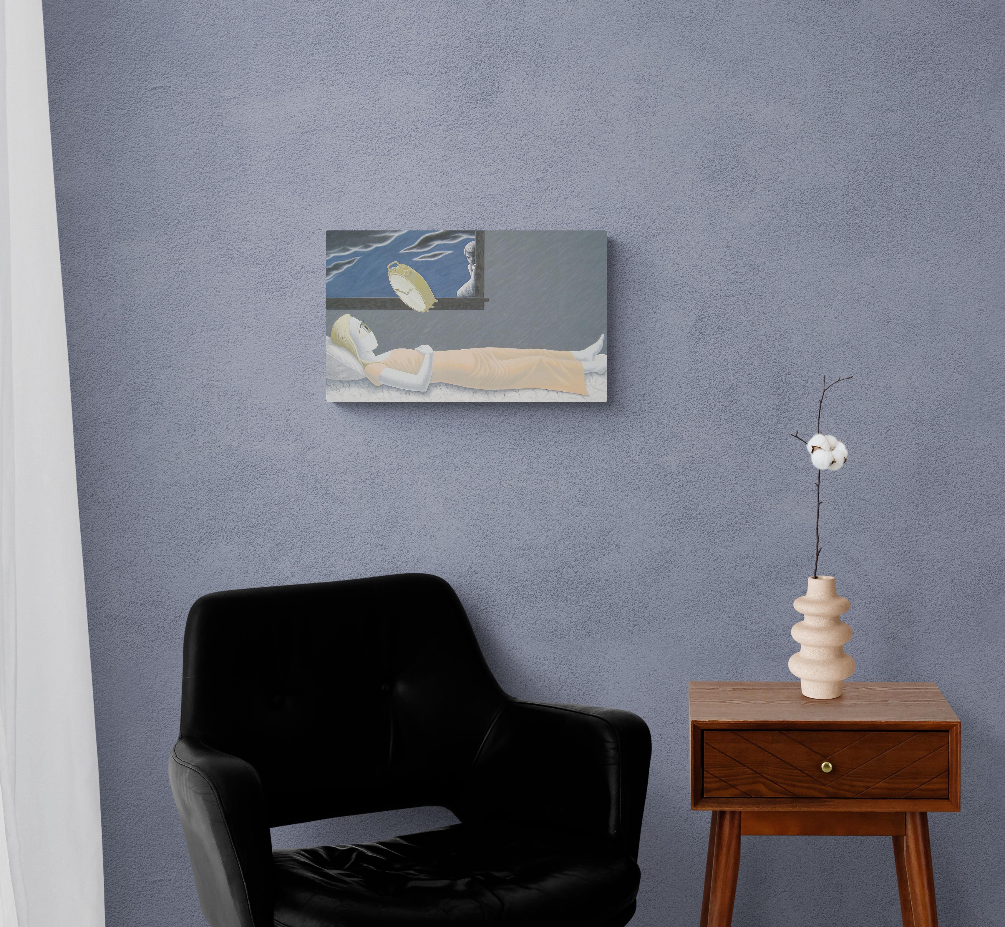 Watching, Original Contemporary Surrealist Gouache Painting on Wood Panel - Gray Interior Painting by Megan Frazer