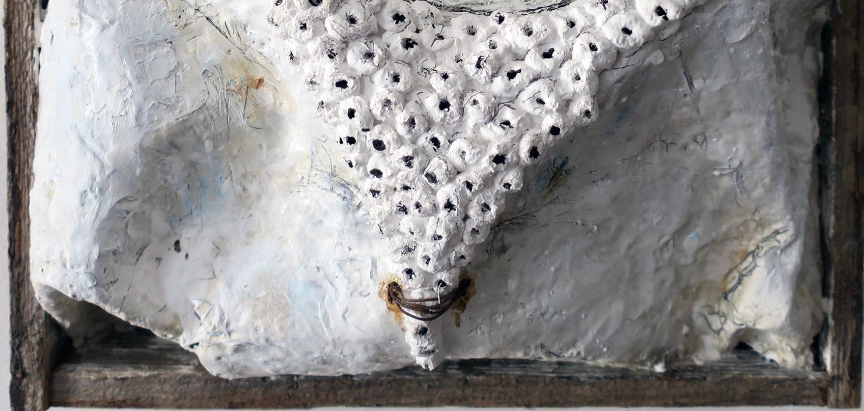 Le opere a tecnica mista di Megan Klim accostano diversi materiali su un unico piano.  Mette in risalto le loro qualità intrinseche per creare una tensione di superficie che scatena una conversazione e un'interazione tra di loro.  La presenza fisica