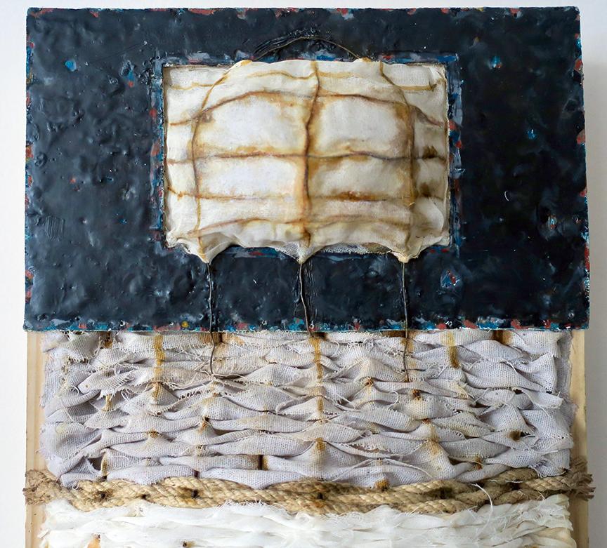 Megan Klim's mixed media work juxtaposes several materials on one picture plane.  She highlights their inherent qualities to create surface tension which sparks a conversation and interaction between them.  A physical presence is apparent in her