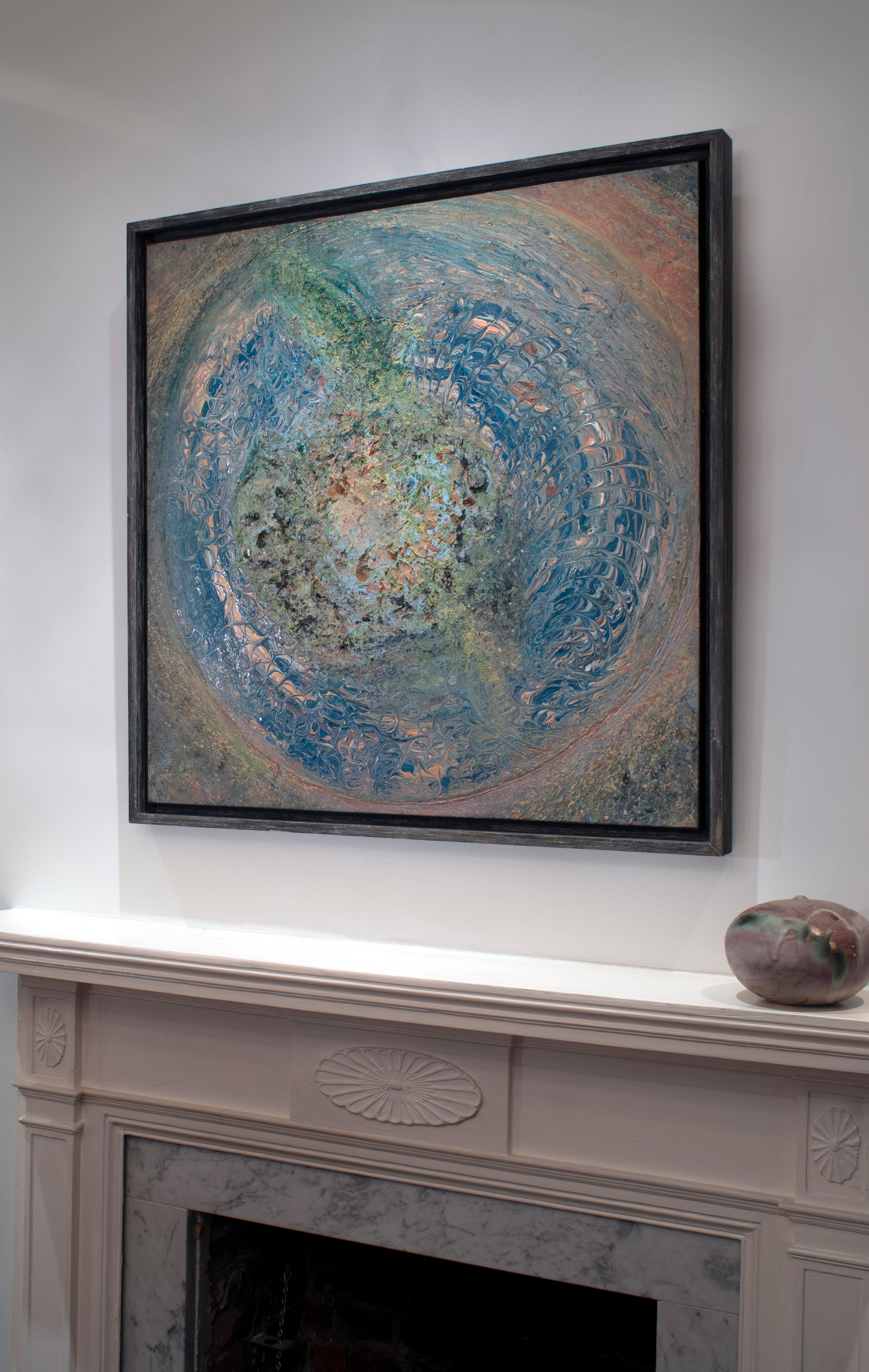 Peinture kaléidoscope bleu vert papillon Gulugufe III - Marron Abstract Painting par Megan Sievert