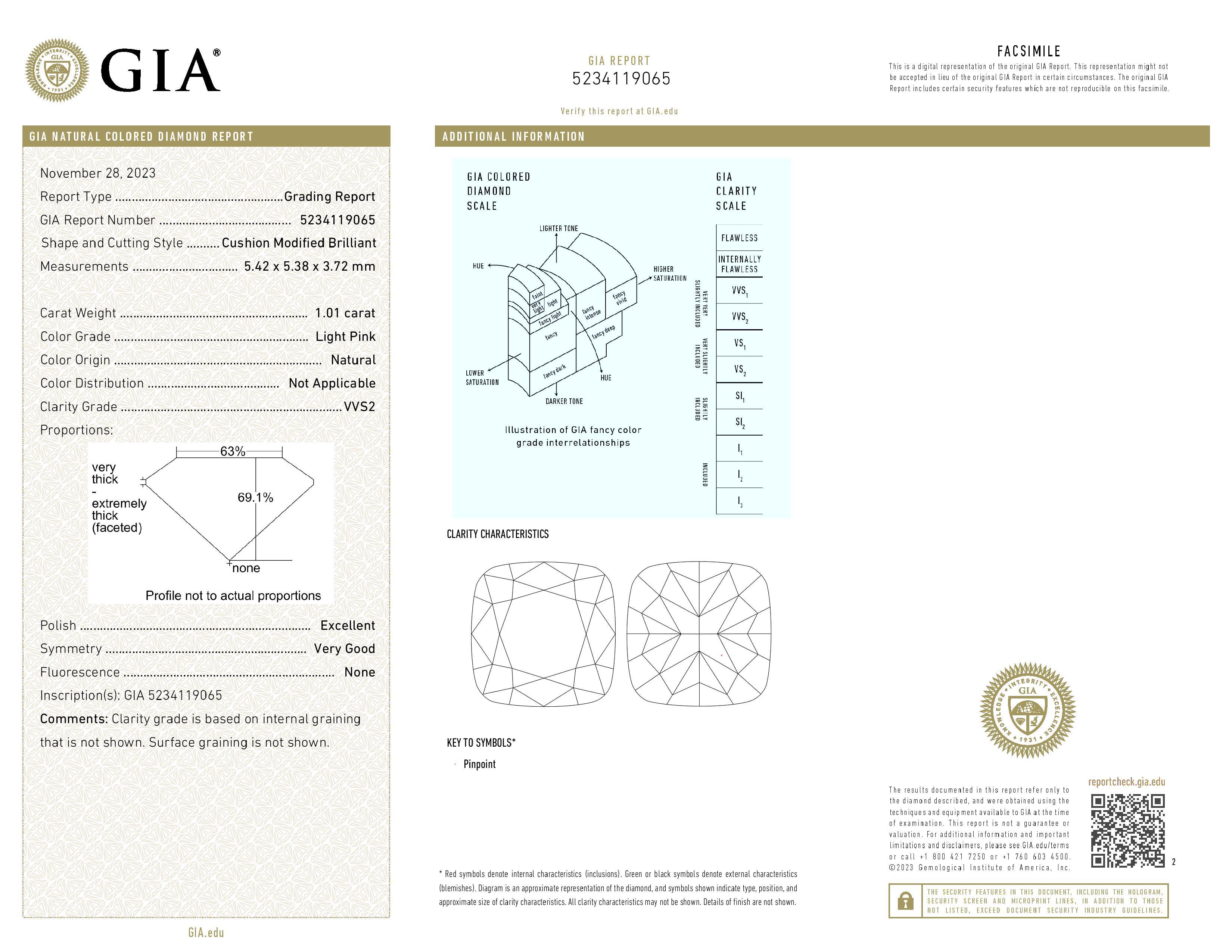 An exceptional 3.51 carat VVS1 Clarity fancy pear cut light yellow diamond certified by GIA. We can custom design as per your request, additional fees may apply depending on design.

Shape Cushion Modified
Carat 1.01
Color FANCY LIGHT PINK
Clarity