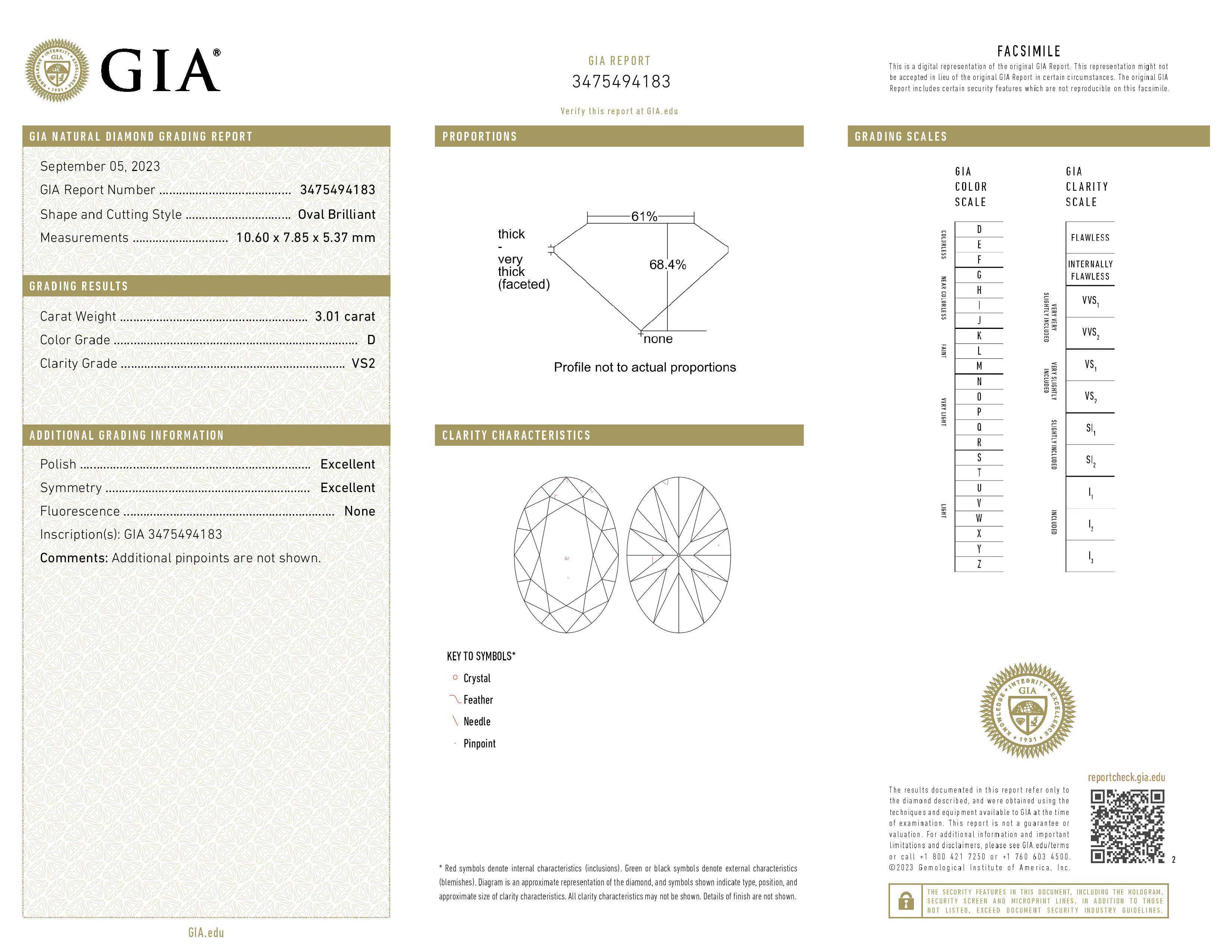 An exceptional 3.01 carat D color VS2 Clarity Oval cut diamond certified by GIA. We can custom design as per your request.

Shape Oval
Carat 3.01
Color D
Clarity VS2
Fluorescence None
Cut Very GOOD 
Polish EXCELLENT
Symmetry EXCELLENT

FOLLOW MEGHNA