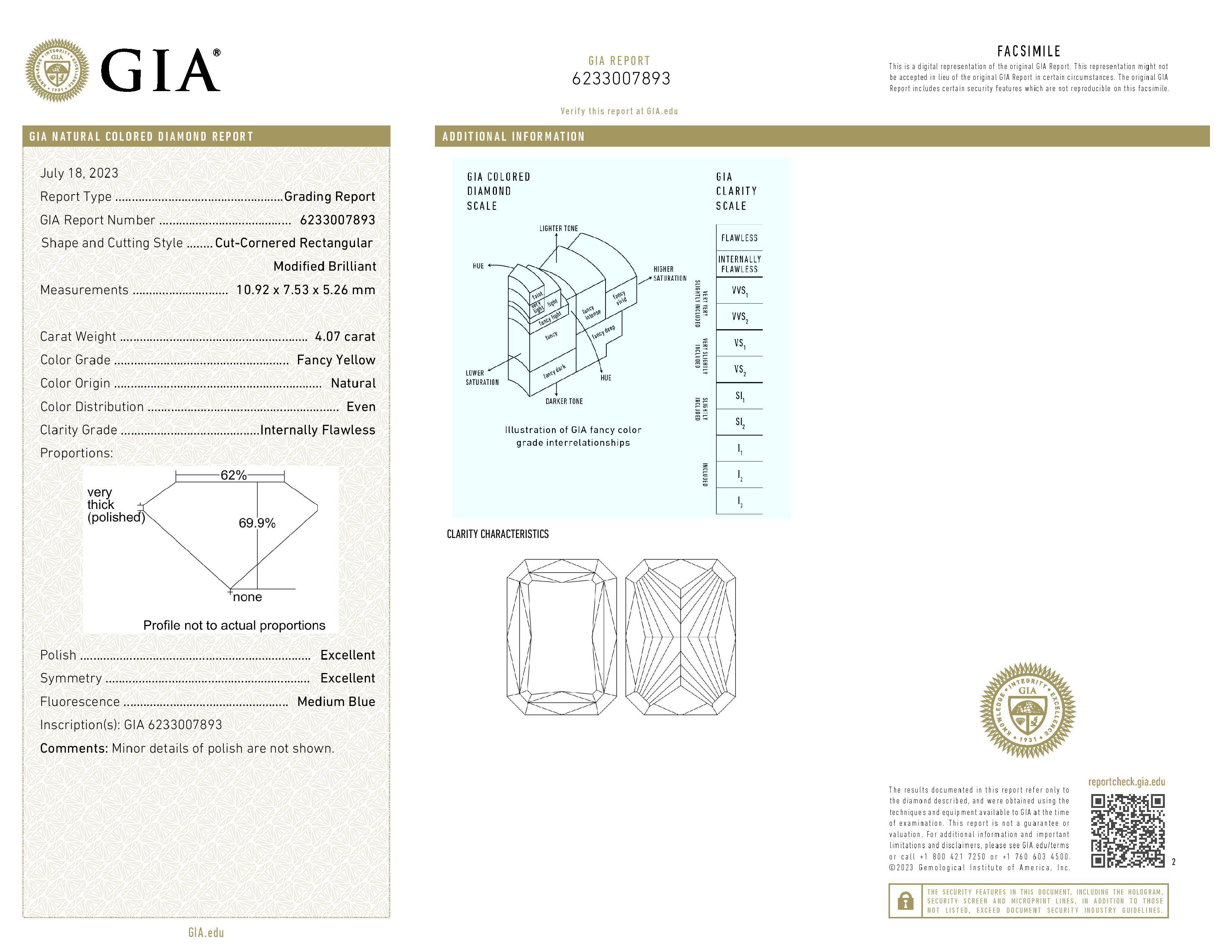 Ein exquisiter 4,07 Investment Grade Diamant im Brillantschliff, zertifiziert von GIA. Wir können das Design nach Ihren Wünschen gestalten, wobei je nach Design zusätzliche Gebühren anfallen können.

Form LR_BRILLIANT 
Karat 4,07 
Farbe FANCY YELLOW