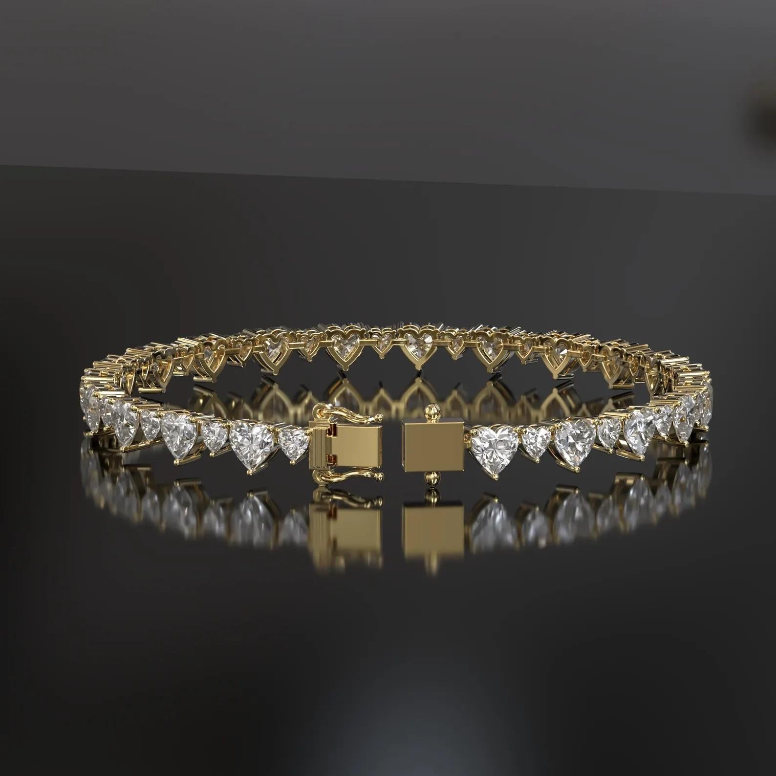 Heart Cut Meghna Jewels 10 Carat Heart Diamond 14 Karat Gold Tennis Bracelet For Sale