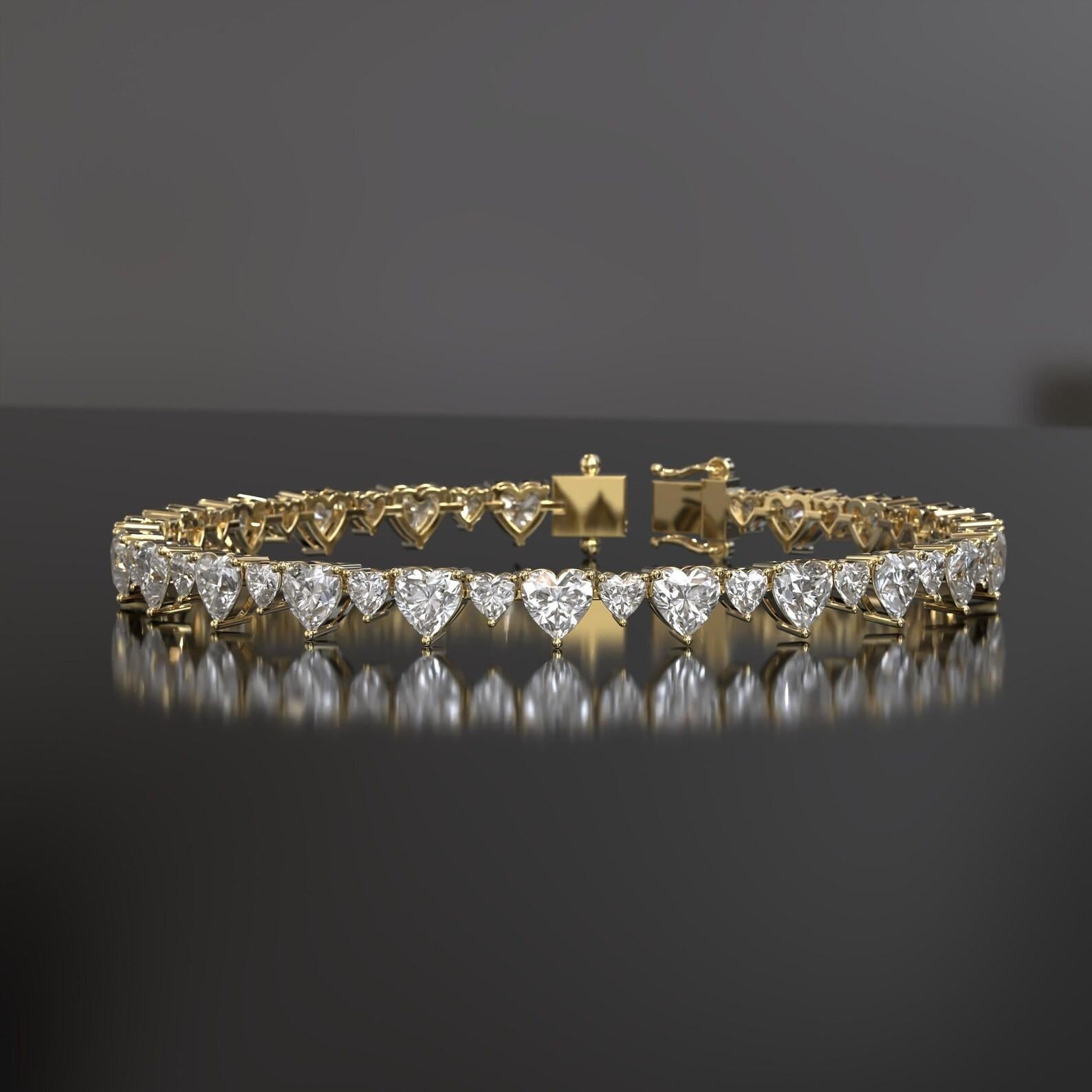 Meghna Jewels 10 Carat Heart Diamond 14 Karat Gold Tennis Bracelet In New Condition For Sale In Hoffman Estate, IL