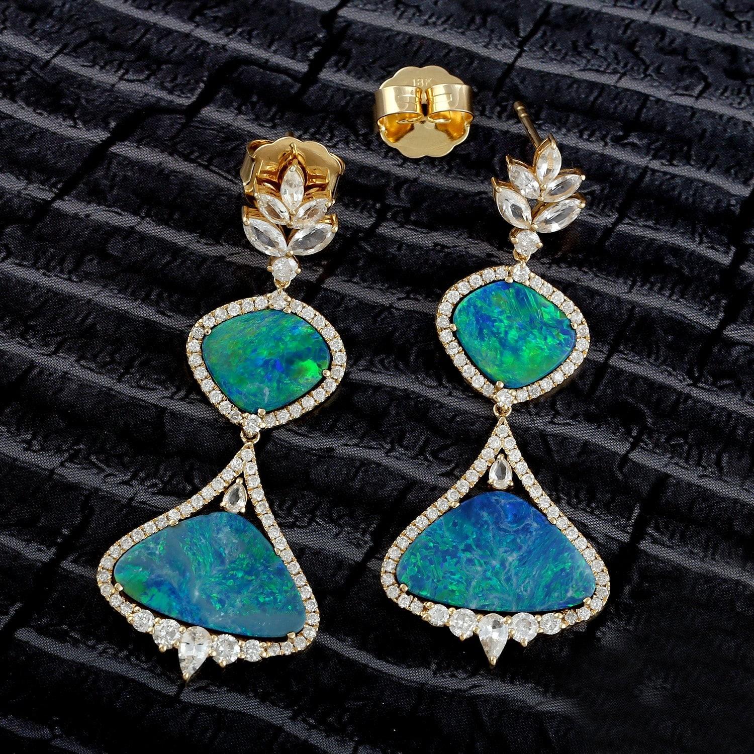 Contemporary Meghna Jewels 10.27 carats Opal Diamond 18 Karat Gold Earrings  For Sale
