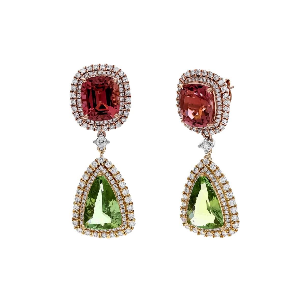 Cast from 18-karat gold, these exquisite earrings are handset with 10.93 carats Pink Green Tourmaline and 1.69 carats of sparkling diamonds. 

FOLLOW MEGHNA JEWELS storefront to view the latest collection & exclusive pieces. Meghna Jewels is proudly