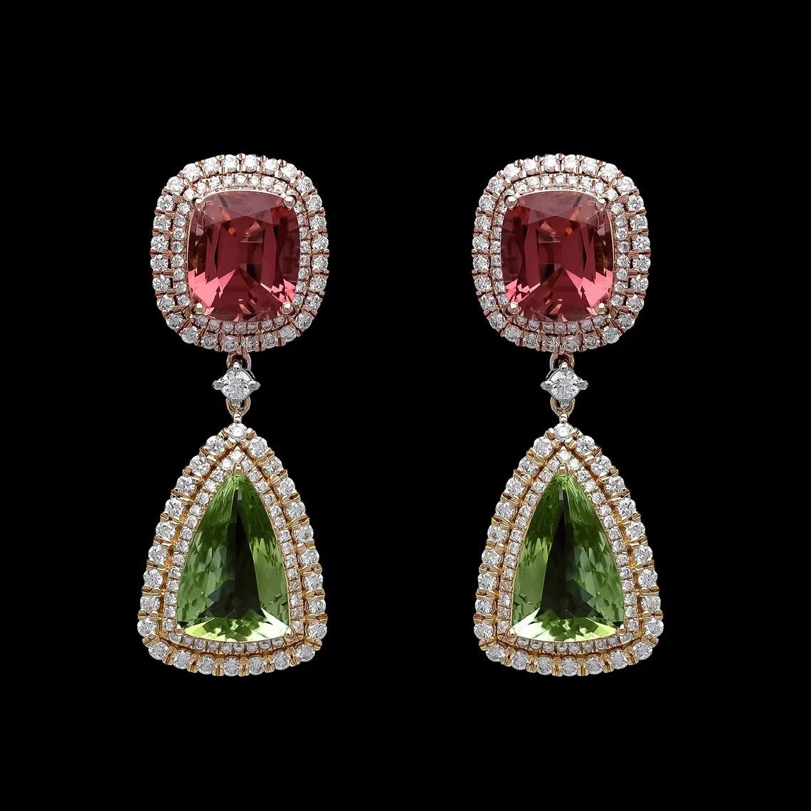 Contemporary Meghna Jewels 10.93 carats Pink Green Tourmaline Diamond 18K Gold Drop Earrings For Sale