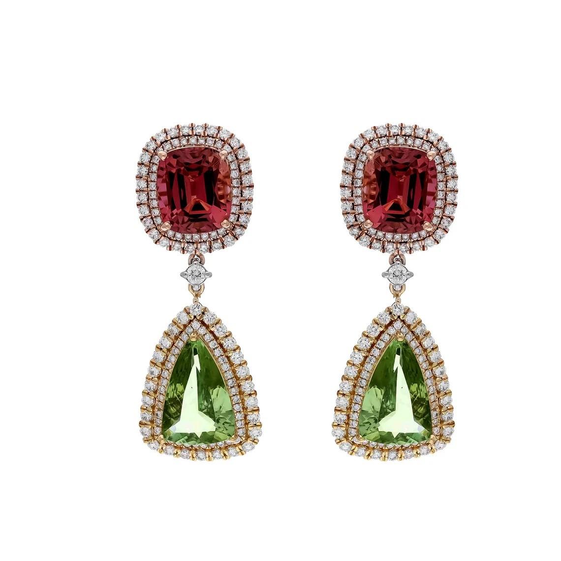 Mixed Cut Meghna Jewels 10.93 carats Pink Green Tourmaline Diamond 18K Gold Drop Earrings For Sale