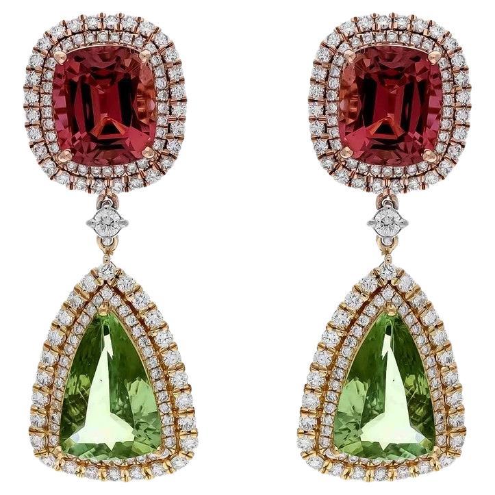 Meghna Jewels 10.93 carats Pink Green Tourmaline Diamond 18K Gold Drop Earrings For Sale