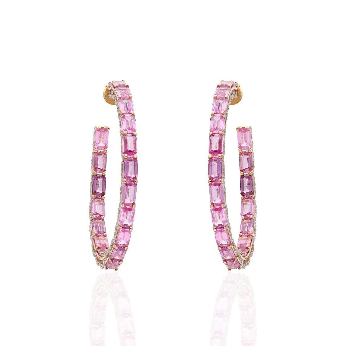These exquisite earrings are handcrafted in 18-karat gold, 11.70 carats pink sapphire and set in 1.27 carats of sparkling diamonds. 

FOLLOW MEGHNA JEWELS storefront to view the latest collection & exclusive pieces. Meghna Jewels is proudly rated as