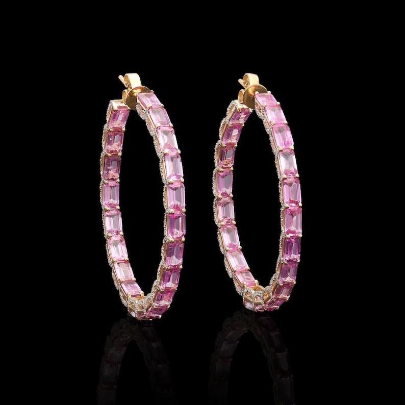 Modern Meghna Jewels 11.70 carat Pink Sapphire Diamond 18 Karat Gold Hoop Earrings For Sale