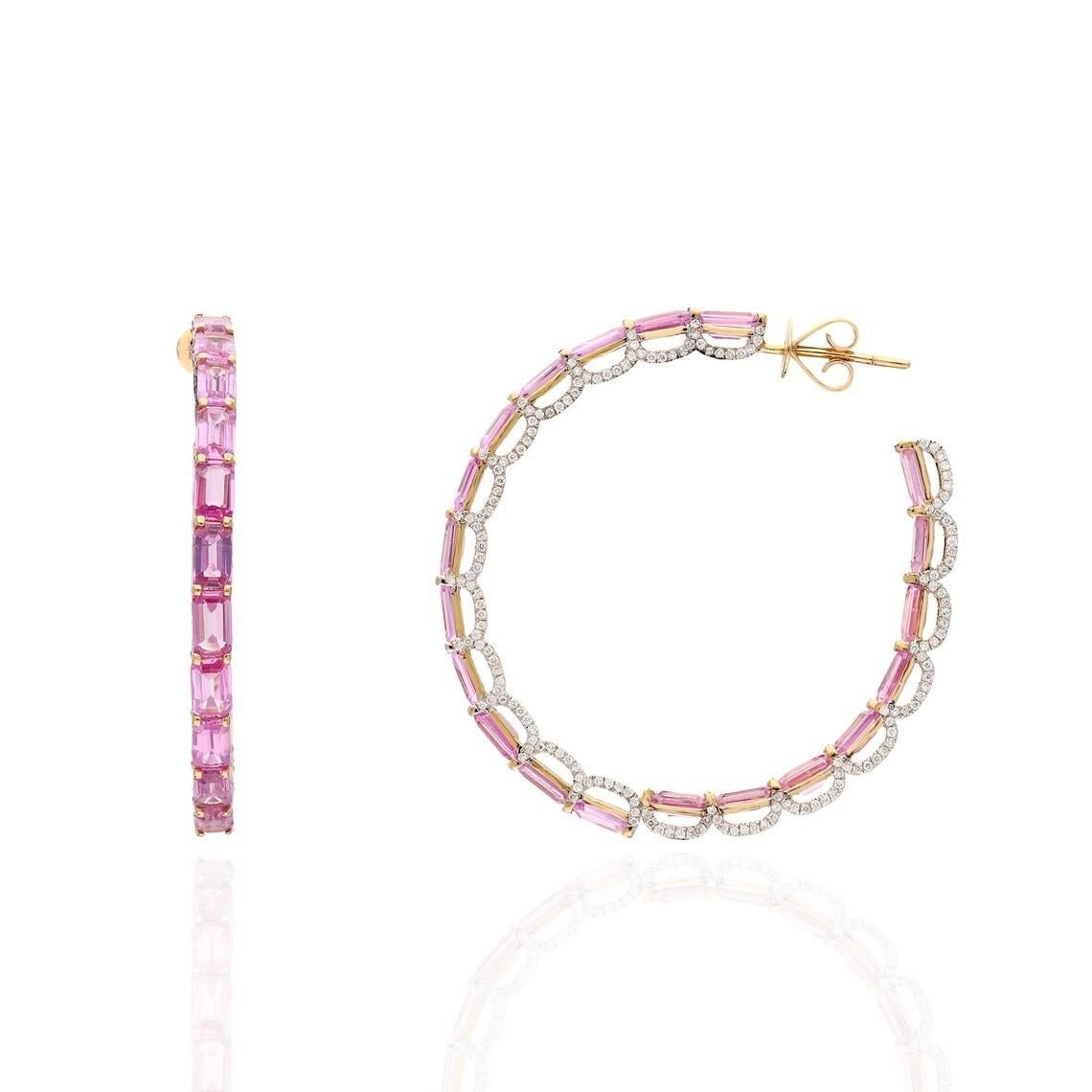 Mixed Cut Meghna Jewels 11.70 carat Pink Sapphire Diamond 18 Karat Gold Hoop Earrings For Sale