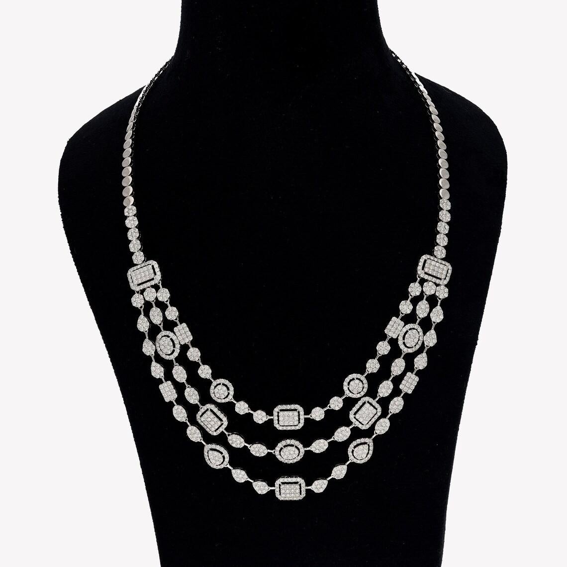Contemporary Meghna Jewels 11.84 carat Diamond 18K White Gold Tiered Statement Necklace For Sale