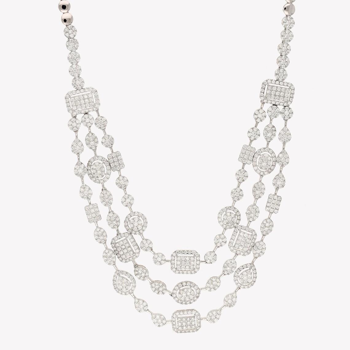 Round Cut Meghna Jewels 11.84 carat Diamond 18K White Gold Tiered Statement Necklace For Sale