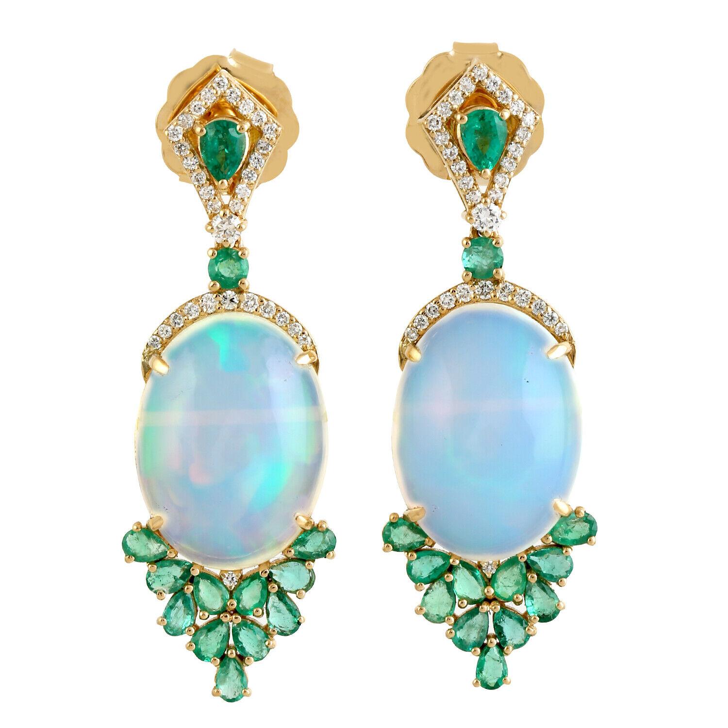 Modern Meghna Jewels 12.48 carats Opal Emerald Diamond 14 Karat Gold Earrings For Sale