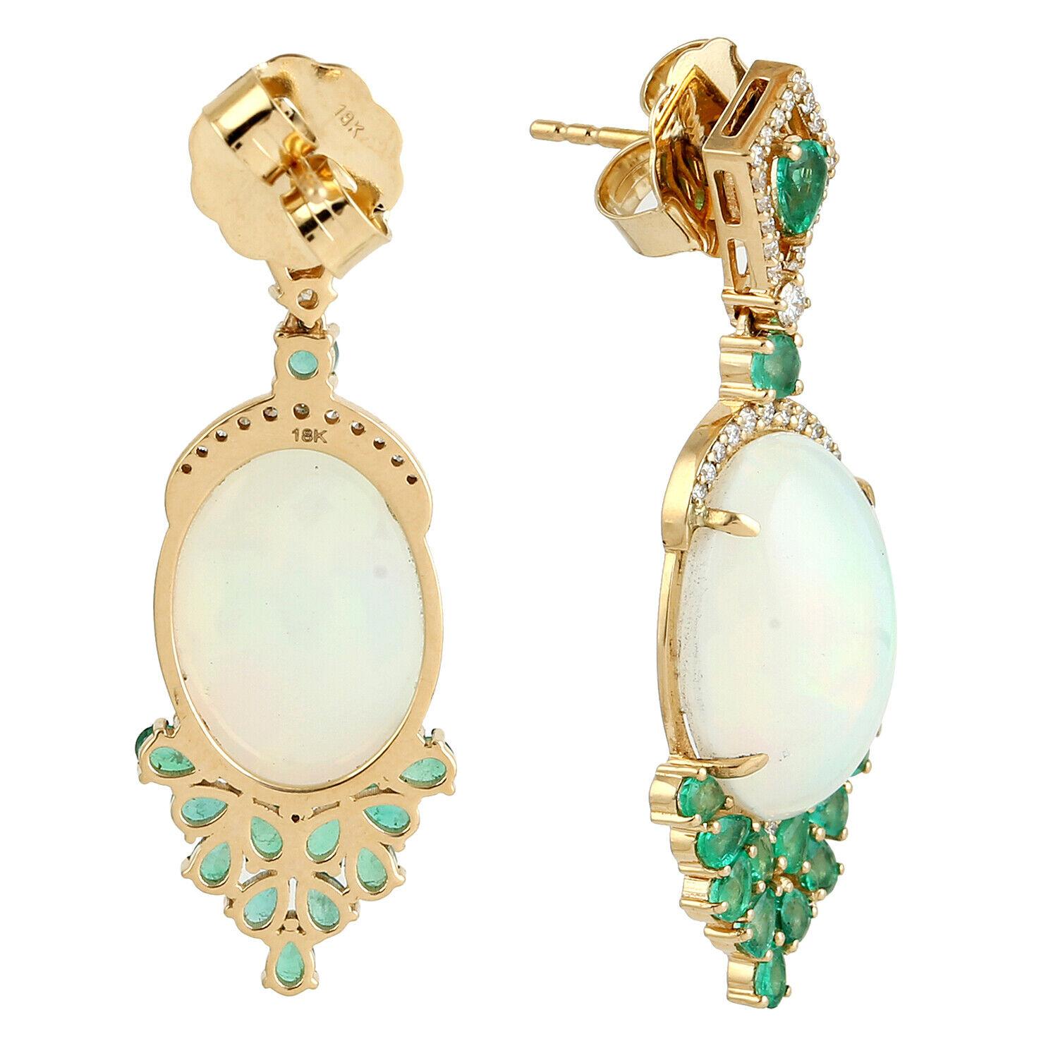 Mixed Cut Meghna Jewels 12.48 carats Opal Emerald Diamond 14 Karat Gold Earrings For Sale