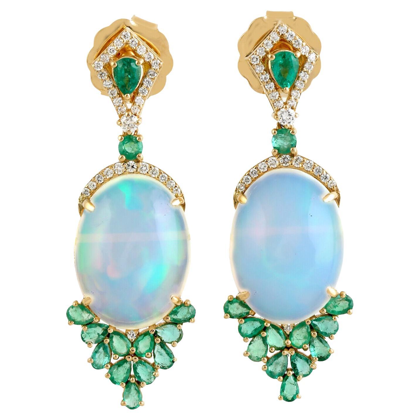 Meghna Jewels 12.48 carats Opal Emerald Diamond 14 Karat Gold Earrings