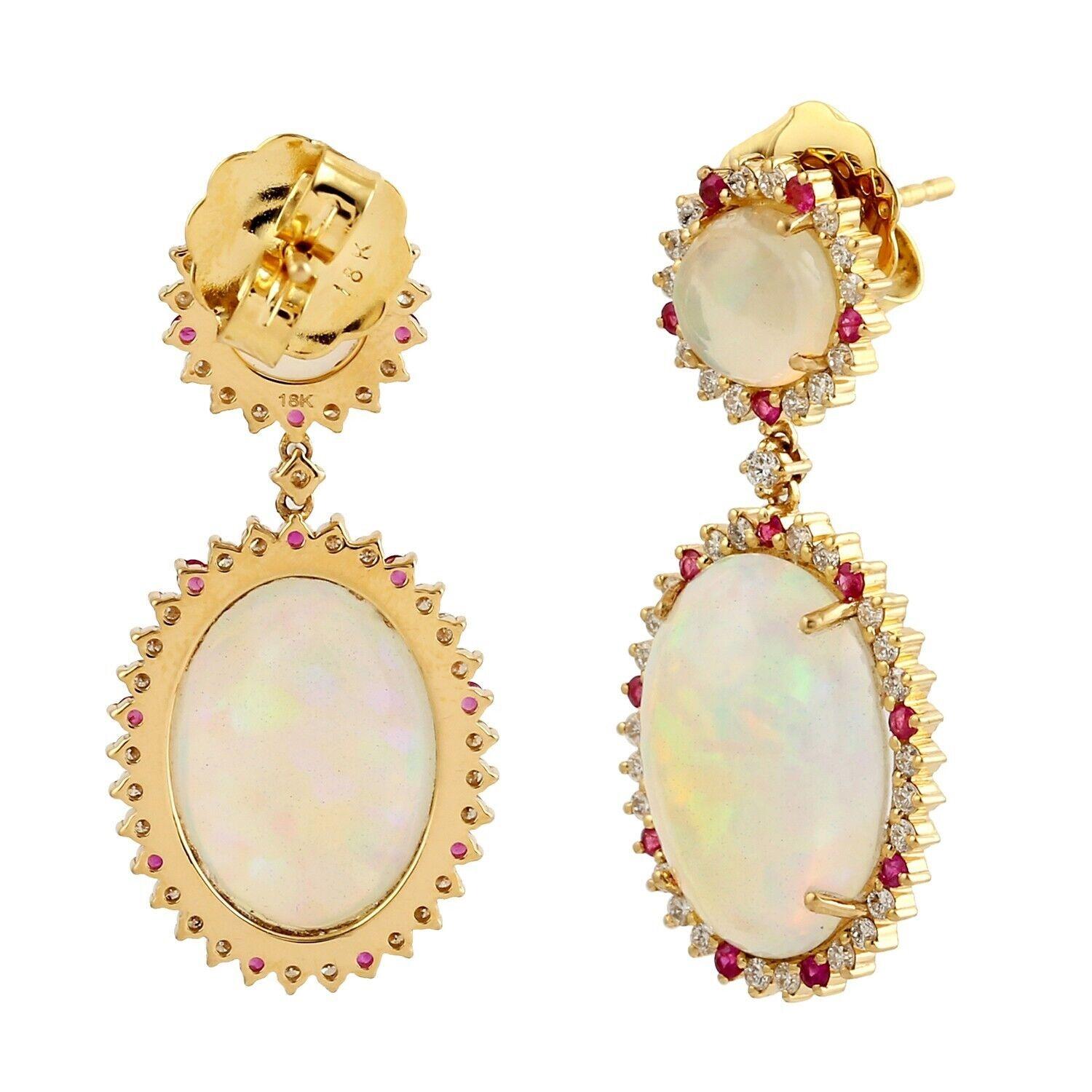 Modern Meghna Jewels 13.05 Carat Opal Ruby Diamond 14 Karat Gold Earrings For Sale