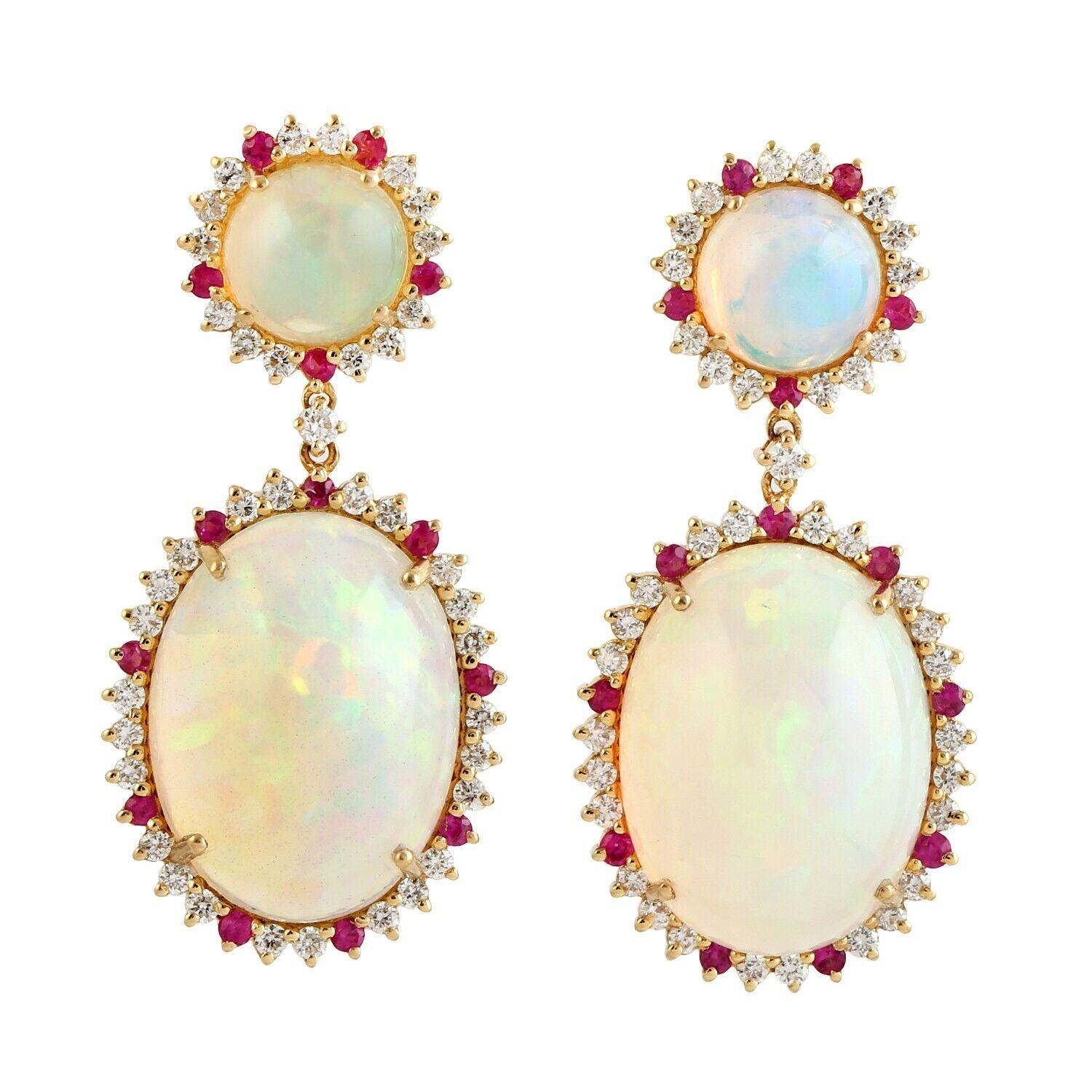 Mixed Cut Meghna Jewels 13.05 Carat Opal Ruby Diamond 14 Karat Gold Earrings For Sale