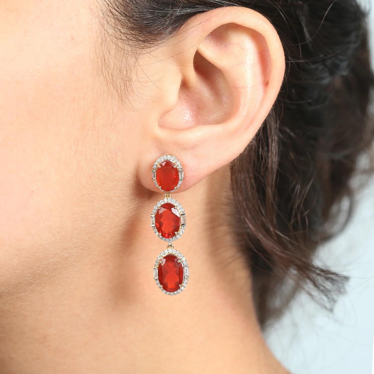 Contemporary  Meghna Jewels 13.27 Carats Fire Opal Diamond 18 Karat Gold Triple Drop Earrings For Sale