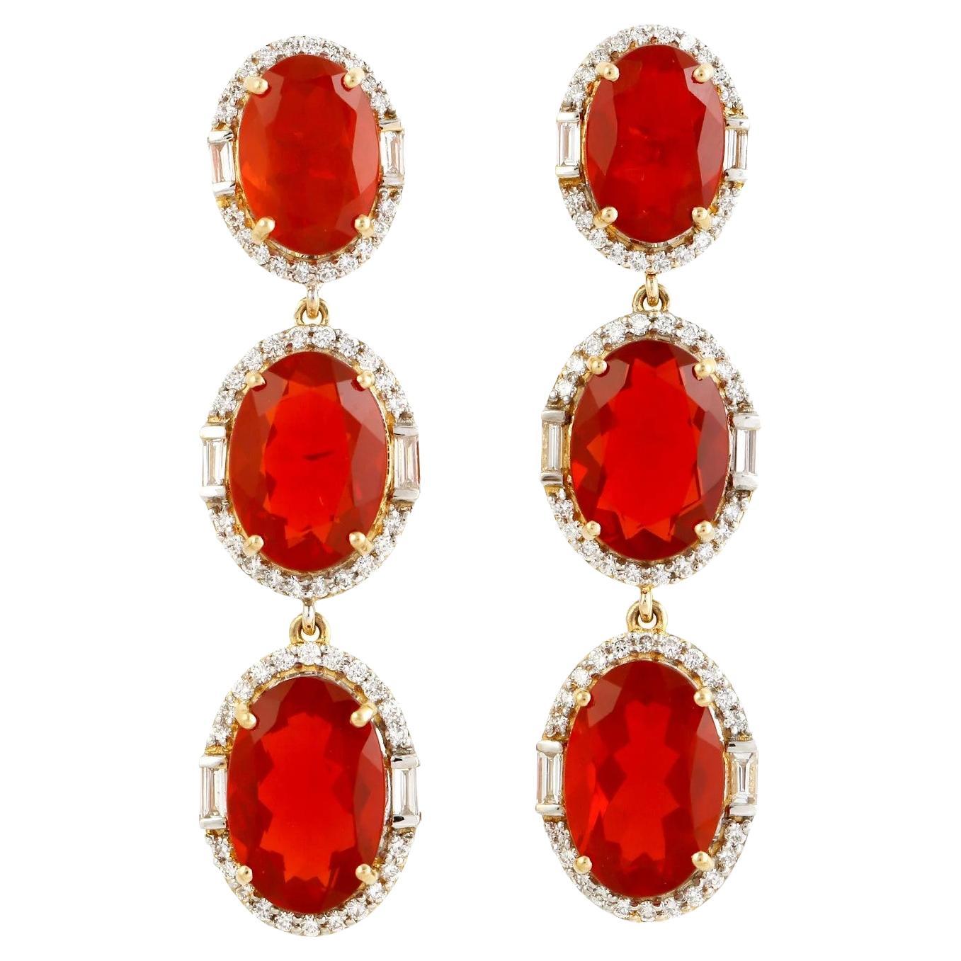  Meghna Jewels 13.27 Carats Fire Opal Diamond 18 Karat Gold Triple Drop Earrings