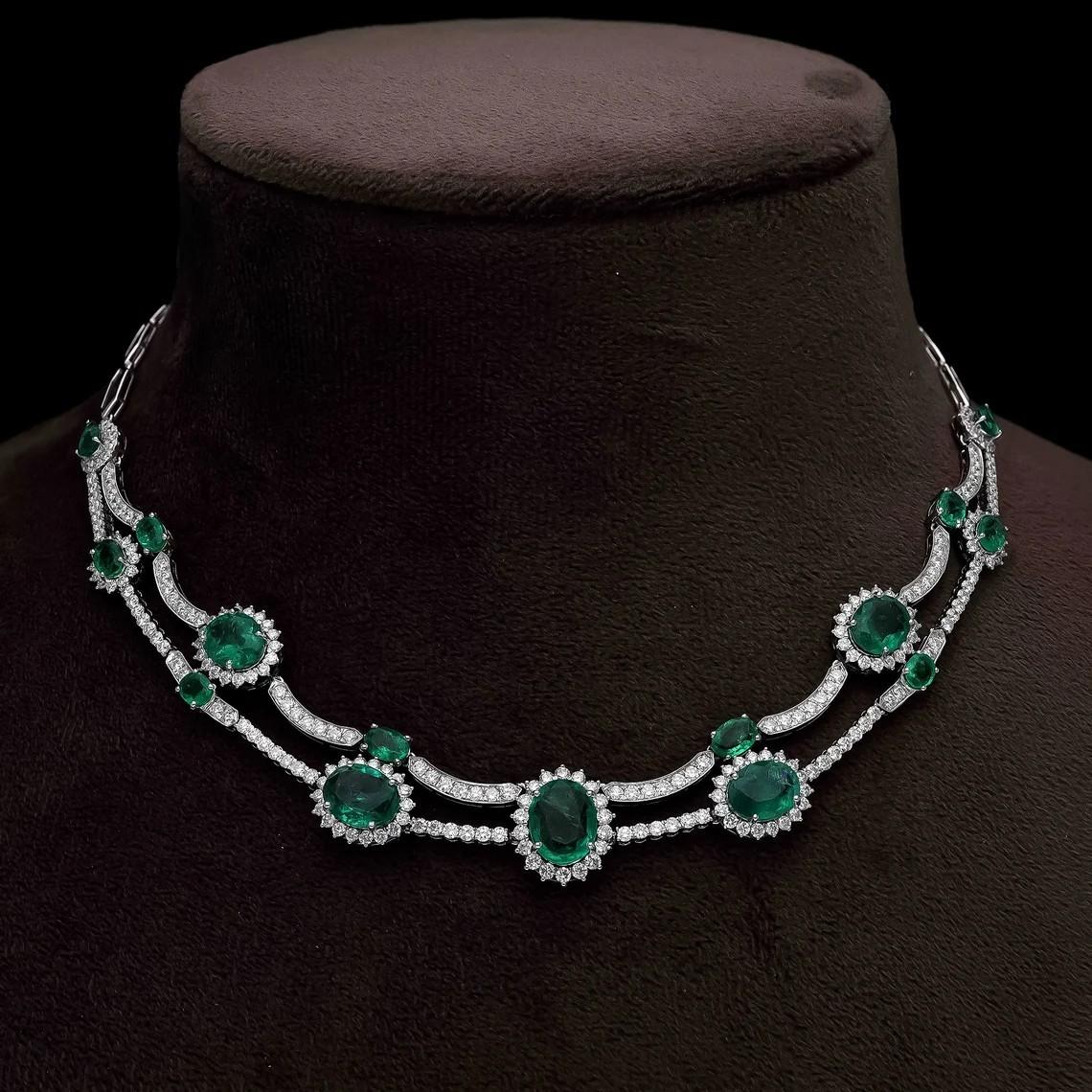 Cast from 18-karat gold, this exquisite necklace is hand set with 13.40 carats Emerald and 5.55 carats of sparkling diamonds. 

FOLLOW MEGHNA JEWELS storefront to view the latest collection & exclusive pieces. Meghna Jewels is proudly rated as a Top