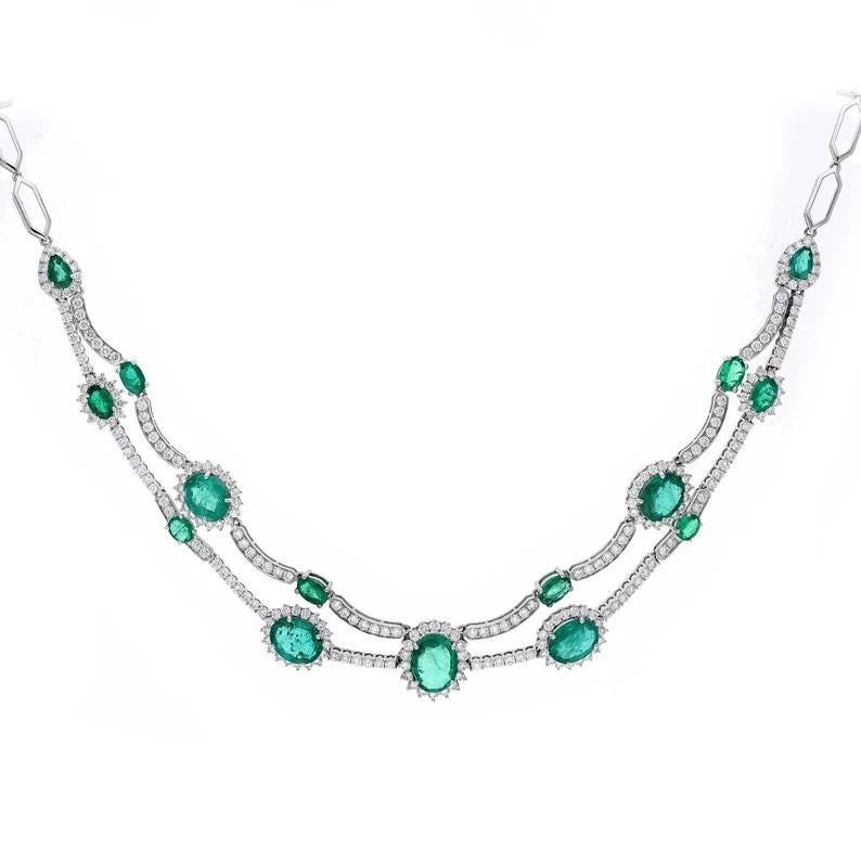 Contemporary Meghna Jewels 13.40 carat Emerald 5.55 carat Diamond 18K White Gold Necklace For Sale