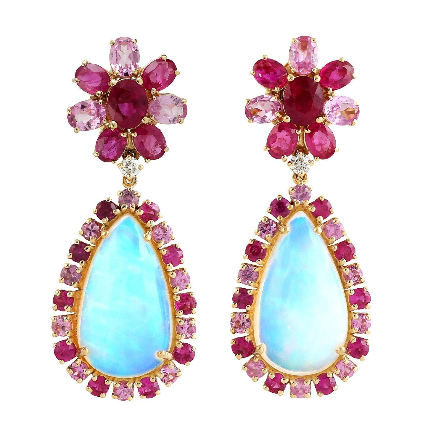 Artisan Meghna Jewels 13.51 carats Opal Ruby Diamond 14 Karat Gold Floral Earrings For Sale