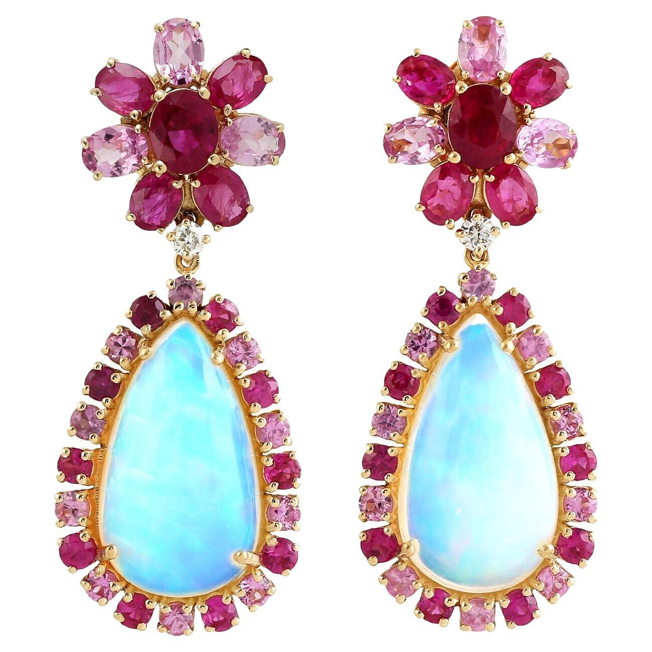 Meghna Jewels 13.51 carats Opal Ruby Diamond 14 Karat Gold Floral Earrings For Sale