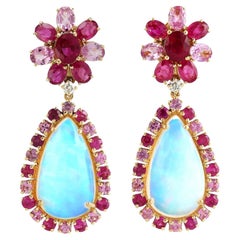 Meghna Jewels 13.51 carats Opal Ruby Diamond 14 Karat Gold Floral Earrings