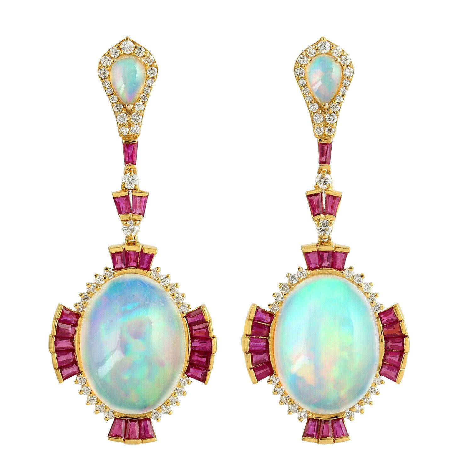 Contemporary Meghna Jewels 14.0 carats Opal Ruby Diamond 14 Karat Gold Earrings For Sale