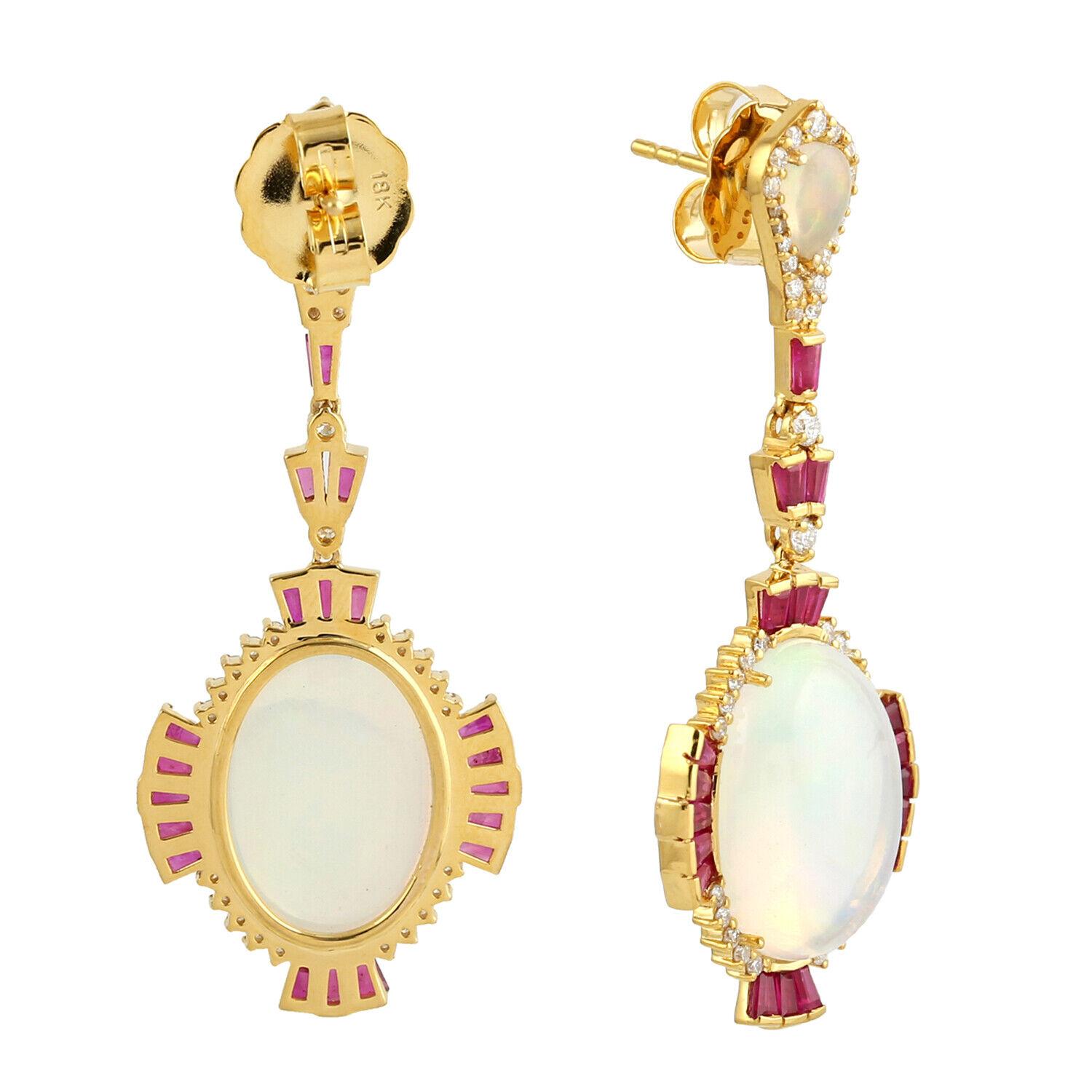 Mixed Cut Meghna Jewels 14.0 carats Opal Ruby Diamond 14 Karat Gold Earrings For Sale