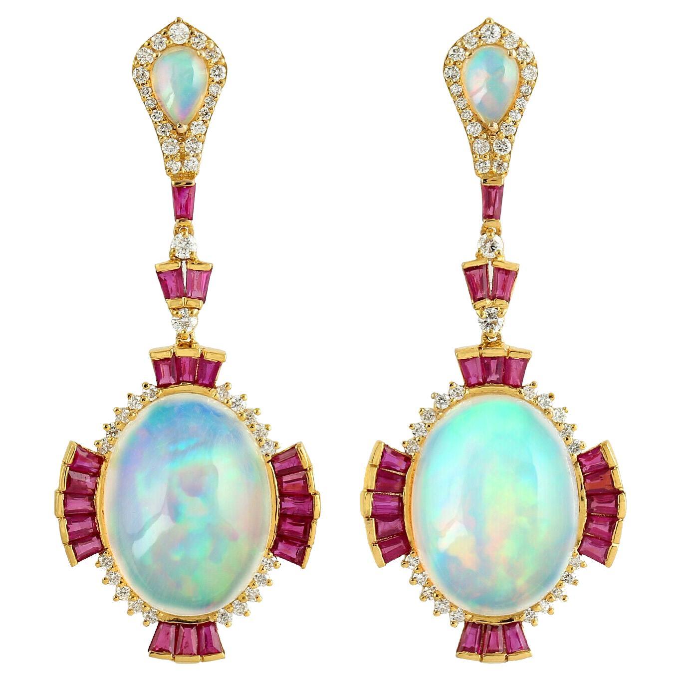 Meghna Jewels 14,0 Karat Opal Rubin Diamant 14 Karat Gold Ohrringe im Angebot