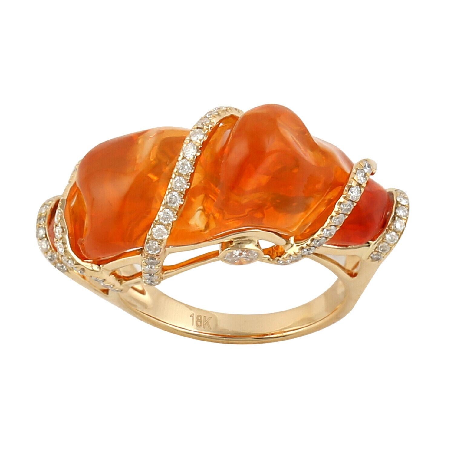 Mixed Cut Meghna Jewels 14.19 carat Fire Opal Diamond 18k Yellow Gold Diamond Ring For Sale