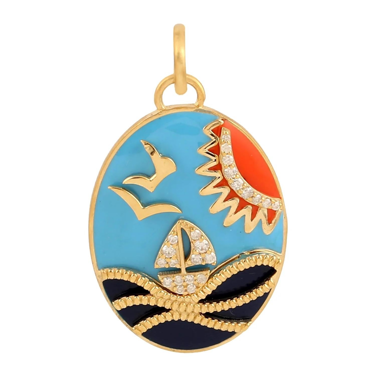 Mixed Cut Meghna Jewels 14K Gold Diamond Enamel Medallion Vacation Mode Pendant Necklace For Sale