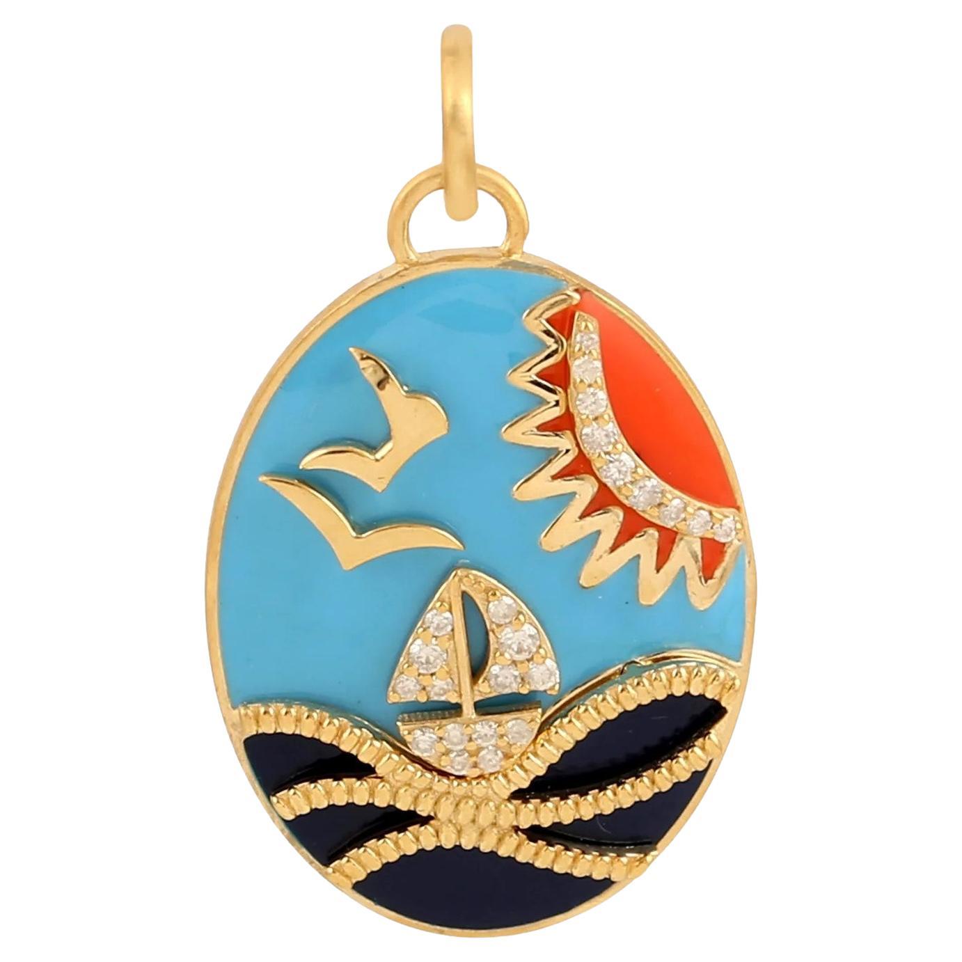 Meghna Jewels 14K Gold Diamond Enamel Medallion Vacation Mode Pendant Necklace For Sale