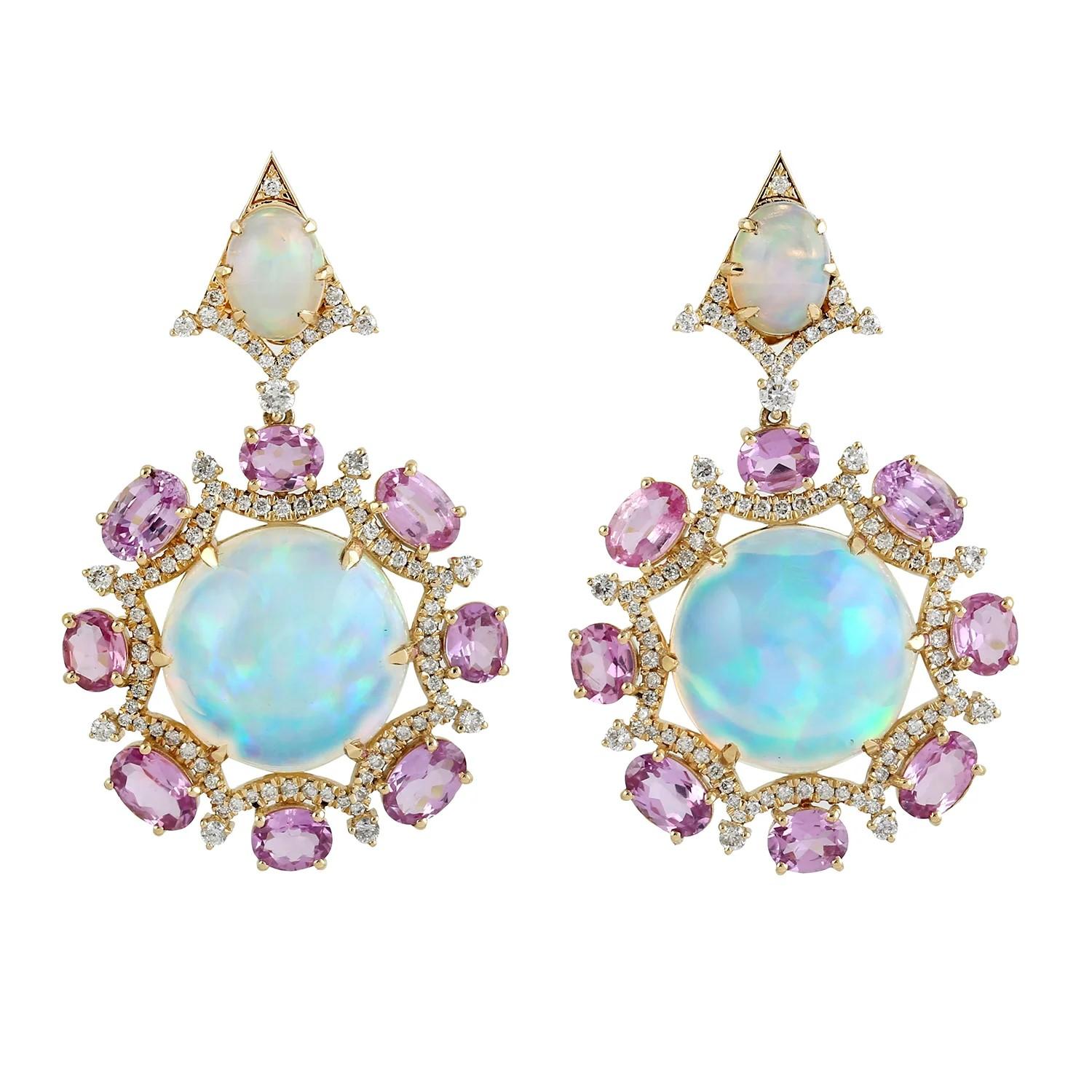 Contemporary  Meghna Jewels 17.72 Carats Ethiopian Opal Diamond 18 Karat Gold Drop Earrings For Sale