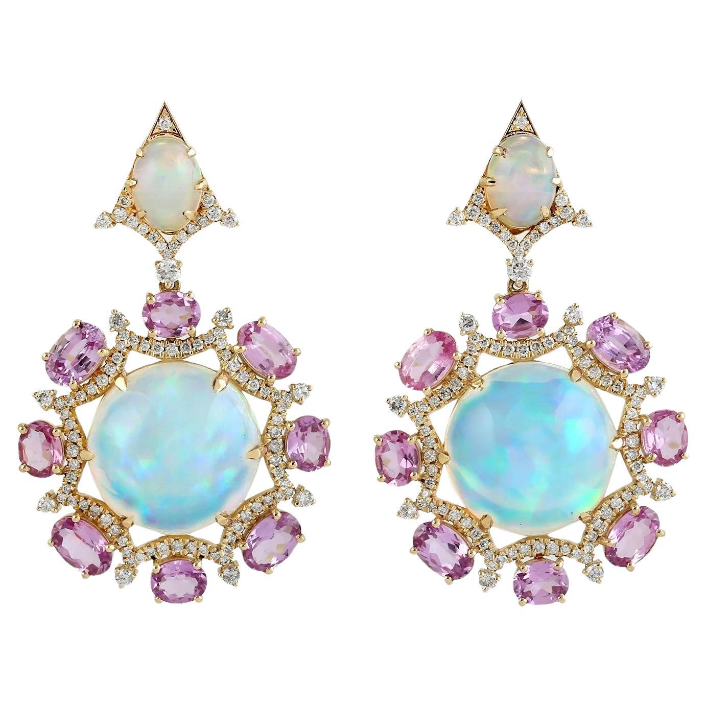  Meghna Jewels 17.72 Carats Ethiopian Opal Diamond 18 Karat Gold Drop Earrings For Sale
