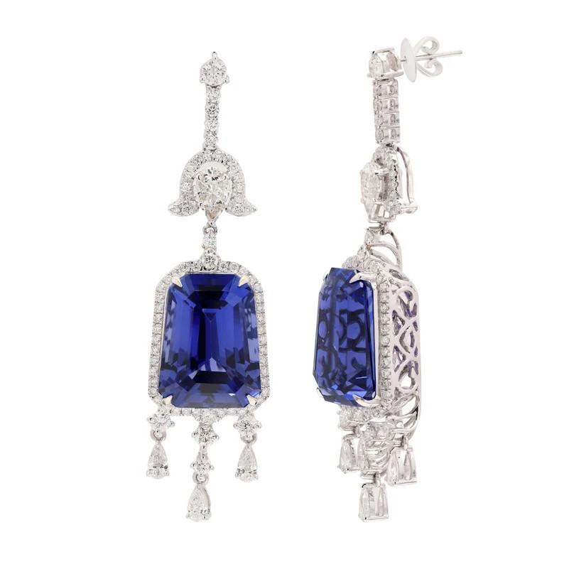 Mixed Cut Meghna Jewels 17.98 carat Tanzanite Diamond 18 Karat White Gold Diamond Earrings For Sale