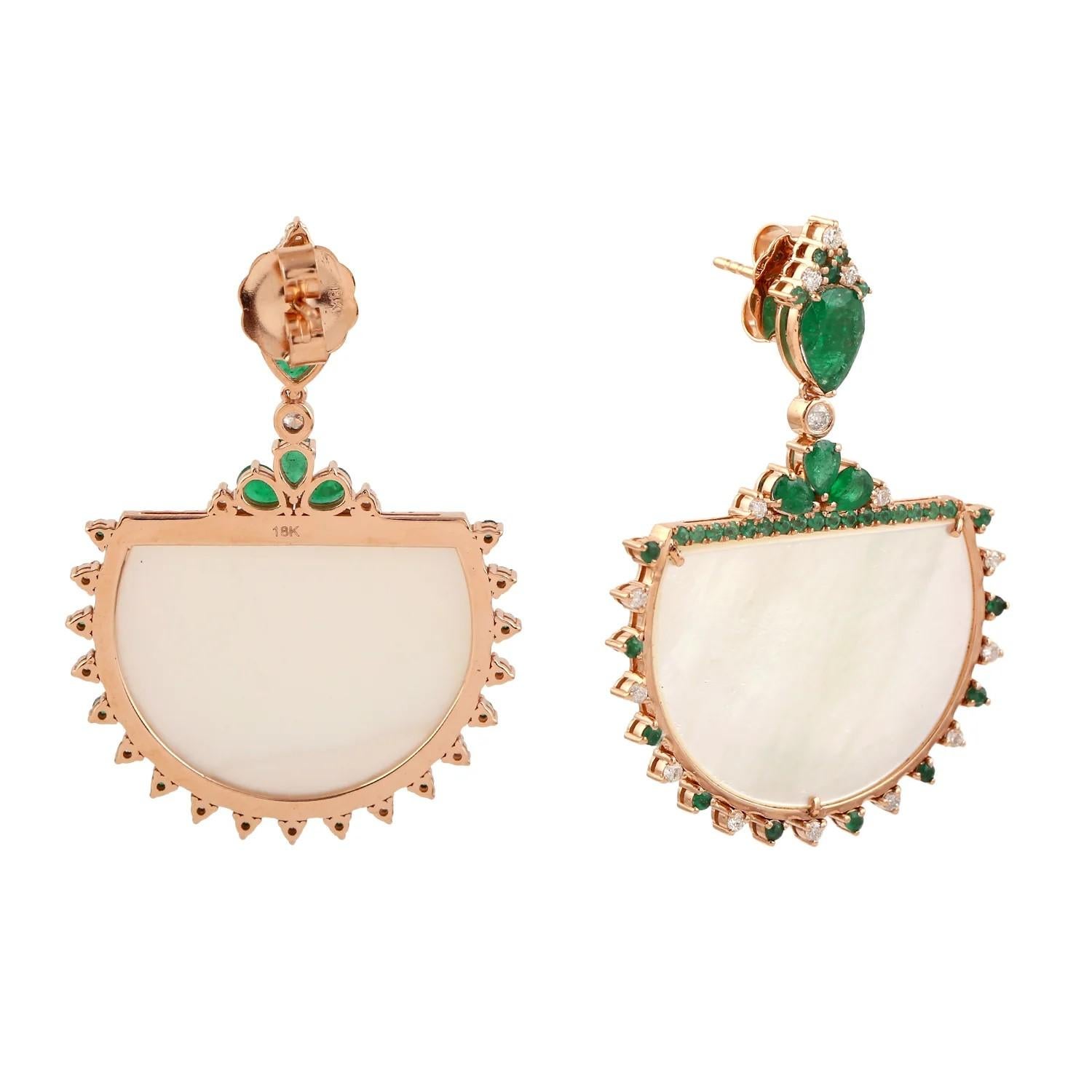 Modern Meghna Jewels 23.12 Carat Mother of Pearl Emerald Diamond 14 Karat Gold Earrings For Sale
