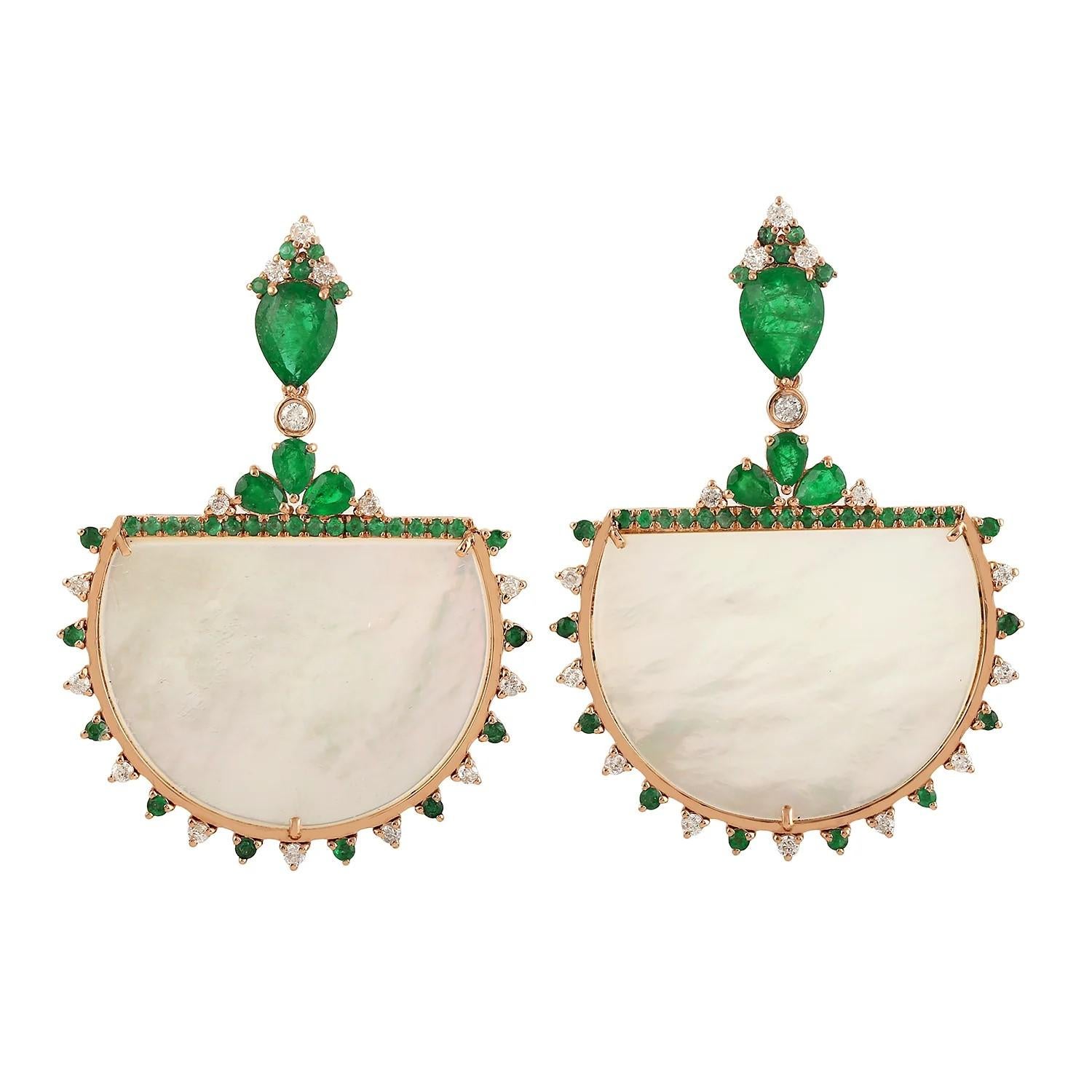 Mixed Cut Meghna Jewels 23.12 Carat Mother of Pearl Emerald Diamond 14 Karat Gold Earrings For Sale