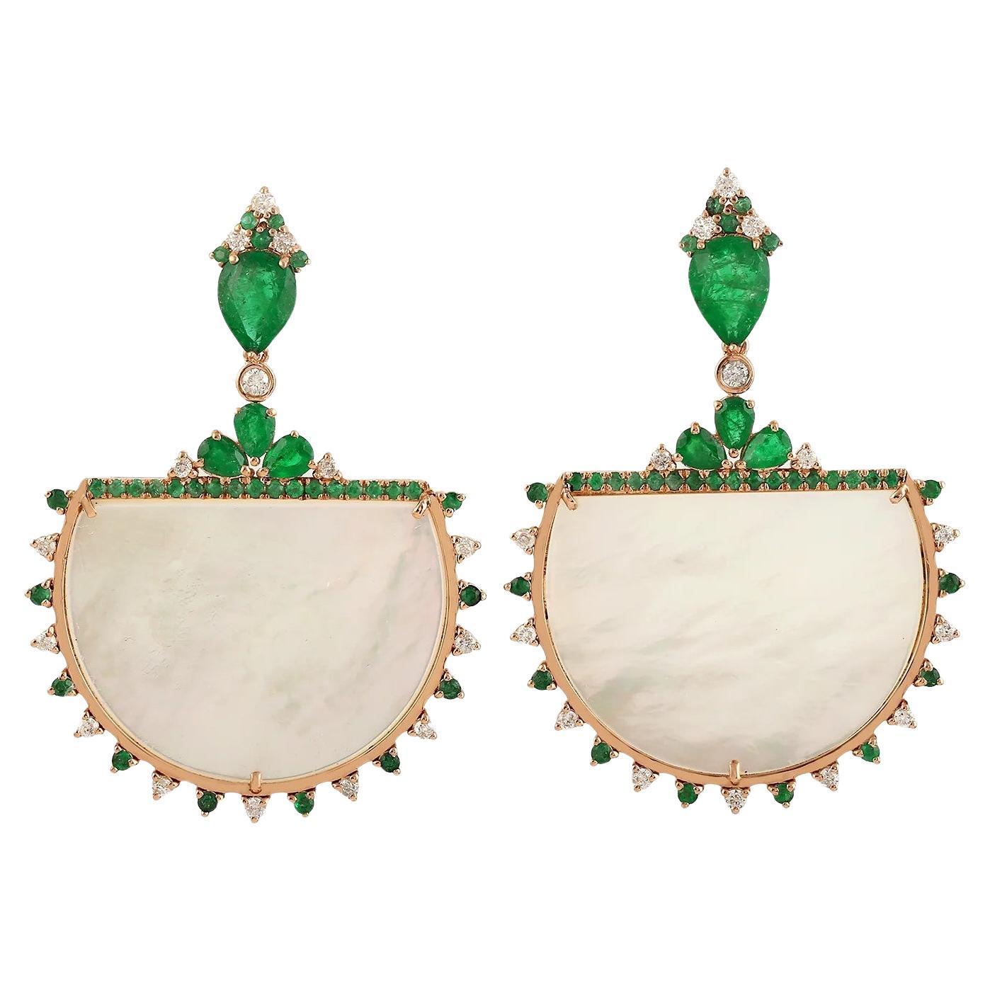 Meghna Jewels 23.12 Carat Mother of Pearl Emerald Diamond 14 Karat Gold Earrings For Sale