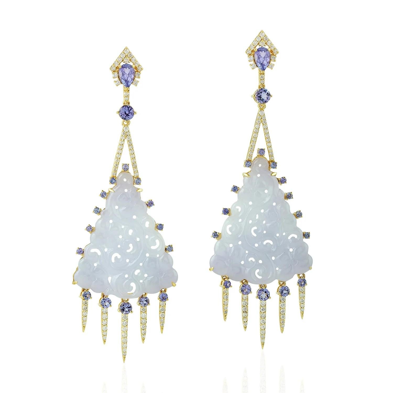 These stunning hand carved Jade earrings are crafted in 18-karat gold. It is set in 27.5 carats Jade, 2.89 carats Tanzanite and .95 carats of sparkling diamonds.

FOLLOW  MEGHNA JEWELS storefront to view the latest collection & exclusive pieces. 