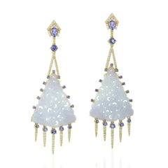 Meghna Jewels 25.5 carats Carved Jade Tanzanite 14 Karat Gold Diamond Earrings