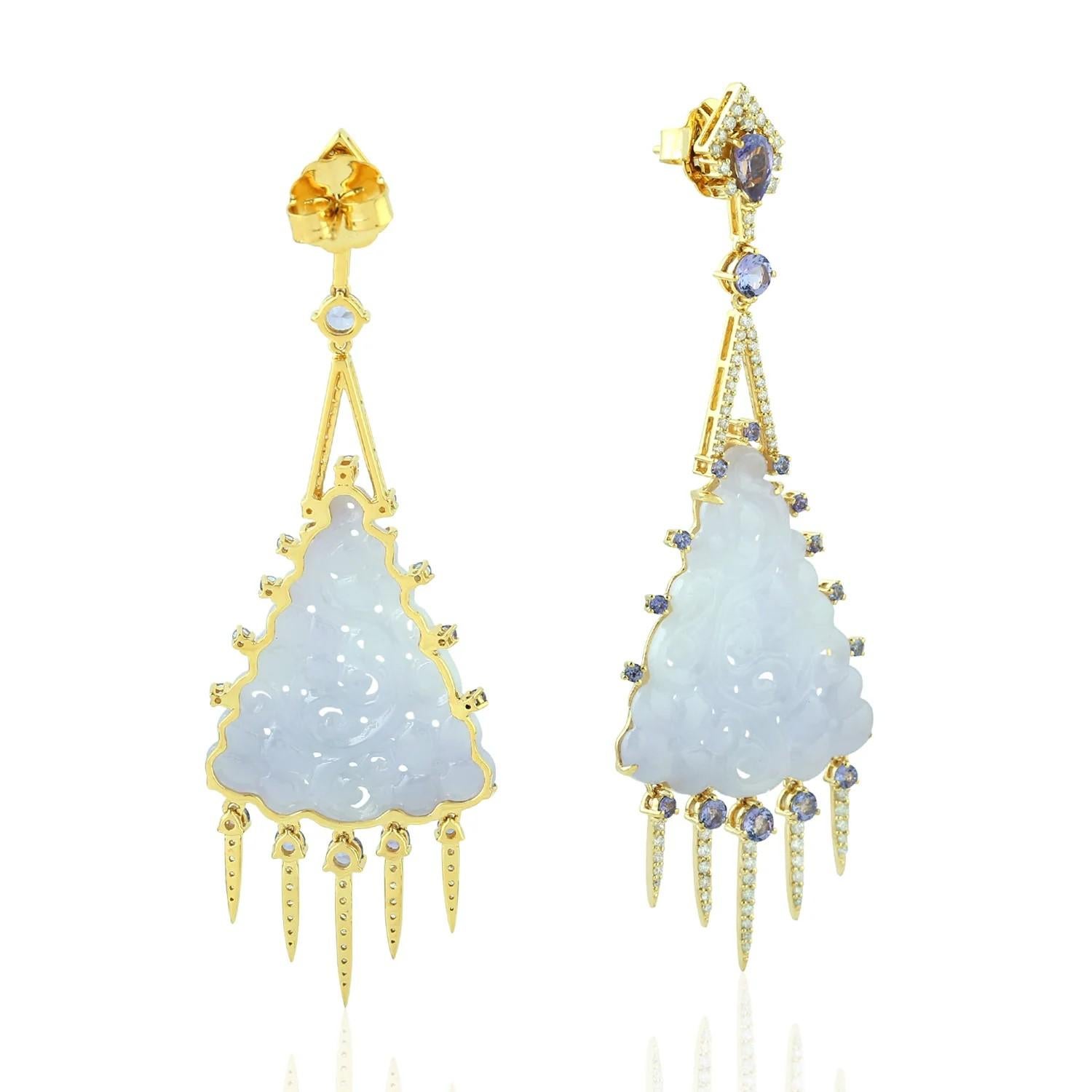 Mixed Cut Meghna Jewels 25.5 carats Carved Jade Tanzanite 18 Karat Gold Diamond Earrings For Sale