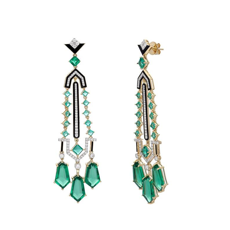 Meghna Jewels 27,16 Karat Smaragd-Diamant-Ohrringe aus 14 Karat Gold im Art-déco-Stil von Meghna (Smaragdschliff) im Angebot