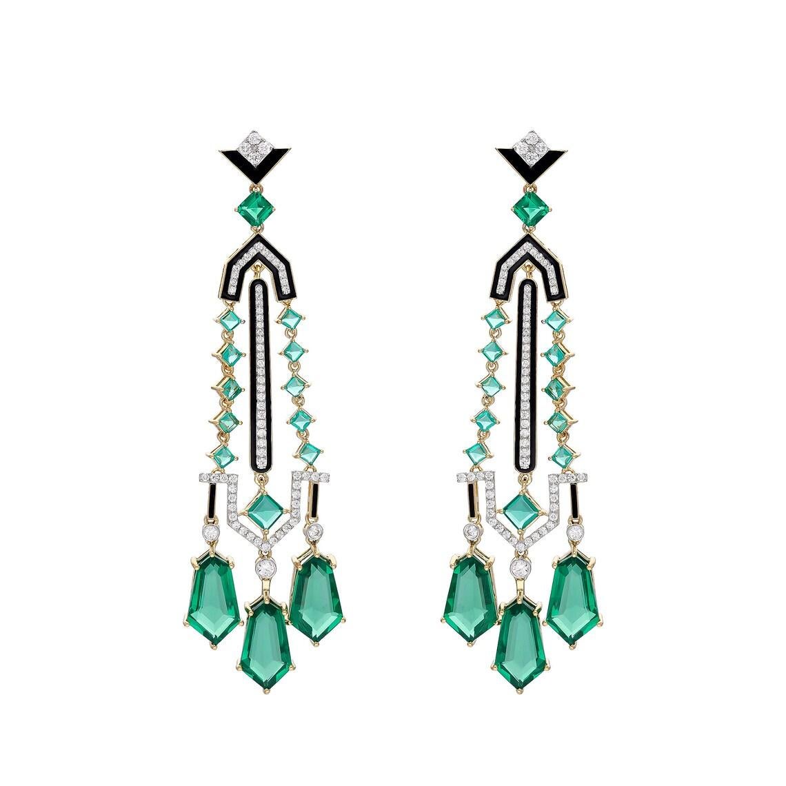 Meghna Jewels 27,16 Karat Smaragd-Diamant-Ohrringe aus 14 Karat Gold im Art-déco-Stil von Meghna im Zustand „Neu“ im Angebot in Hoffman Estate, IL