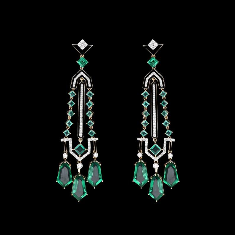 Meghna Jewels 27,16 Karat Smaragd-Diamant-Ohrringe aus 14 Karat Gold im Art-déco-Stil von Meghna (Art déco) im Angebot