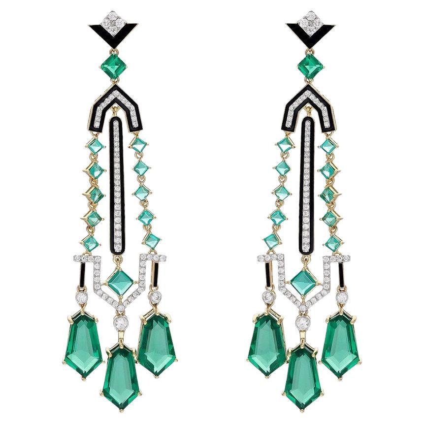 Meghna Jewels 27.16 Carat Emerald Diamond 14 Karat Gold Art Deco Style Earrings